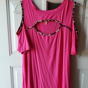 Women's hot pink and leopard cold shoulder short sleeve cutout top - Size Large